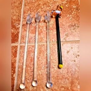 Swizzle Sticks Drink Stirrer Frosted Swans Flamingo Glass Vintage Set 4 EUC